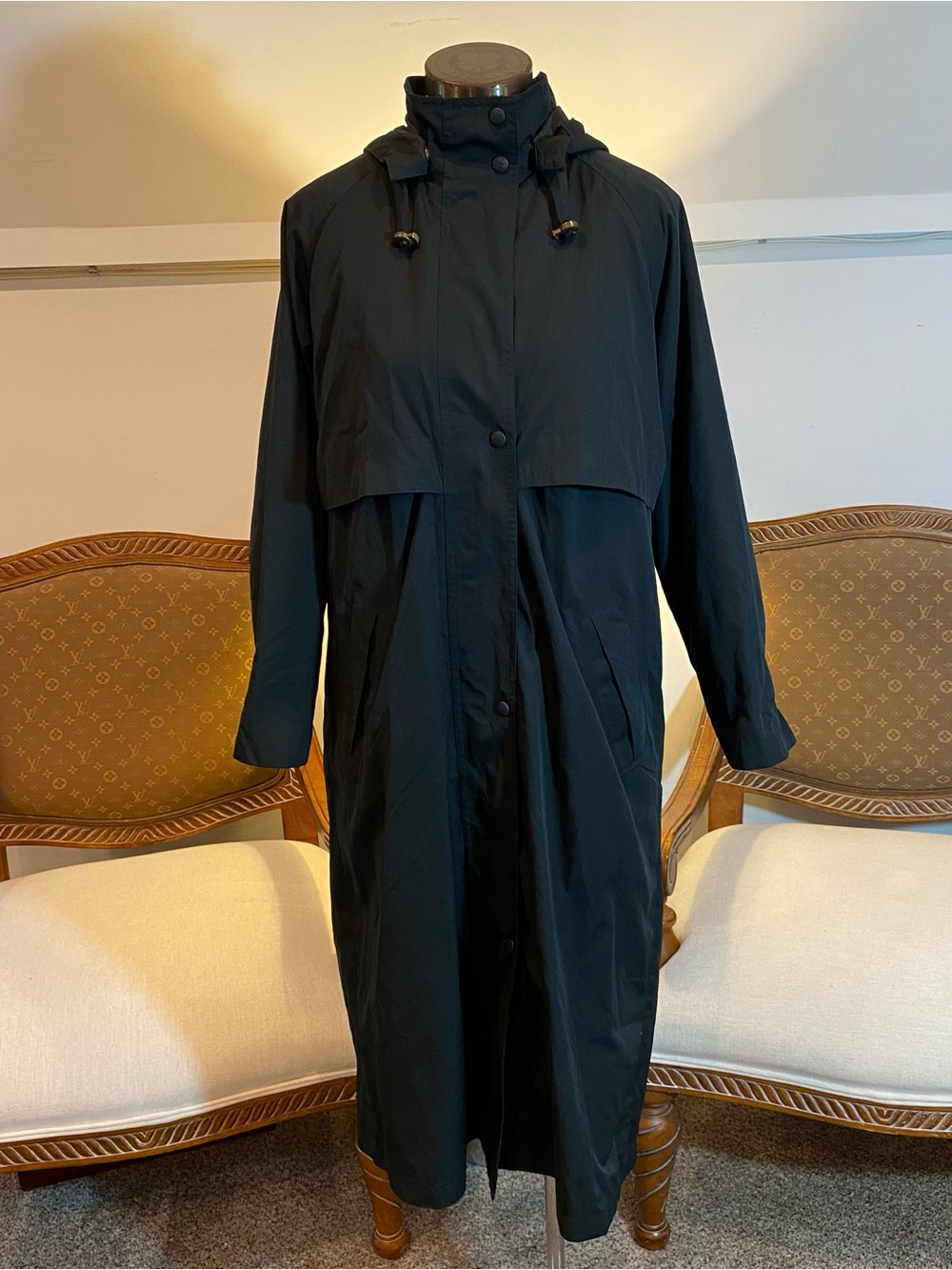 90s LL Bean Black Hooded Long Trench Raincoat - Women's Water-Resistant Coat M